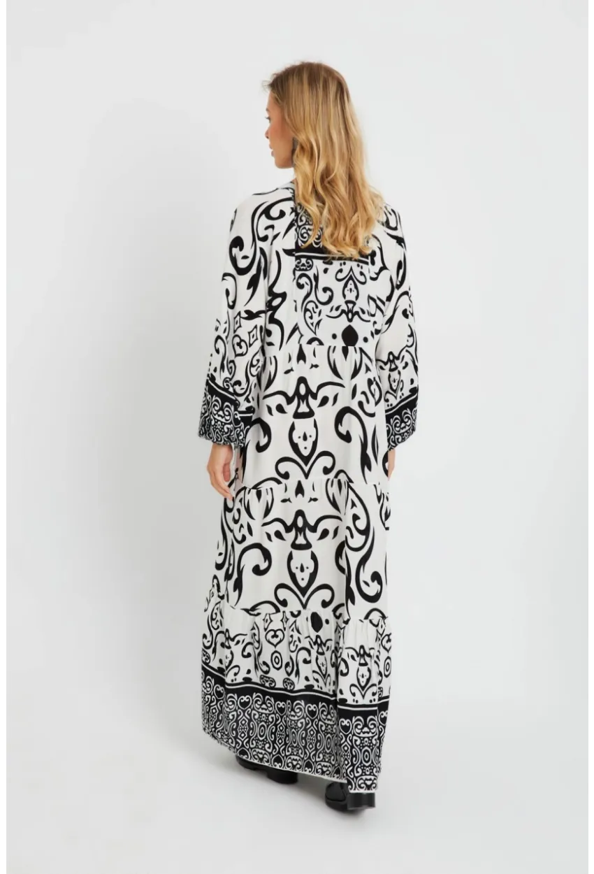 Kadın Desenli Salaş Maxi Elbise Beyaz-Siyah Q981