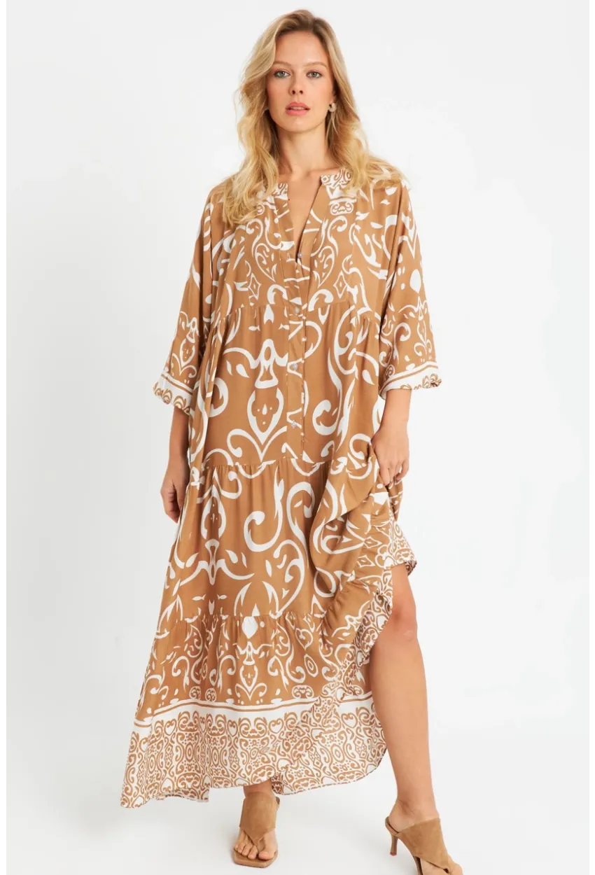 Kadın Desenli Salaş Maxi Elbise Camel Q981