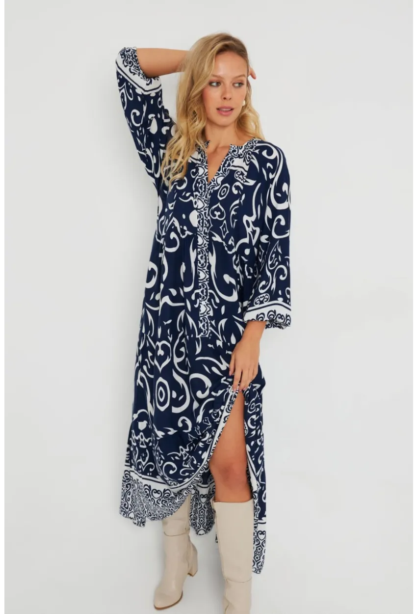 Kadın Desenli Salaş Maxi Elbise Lacivert Q981