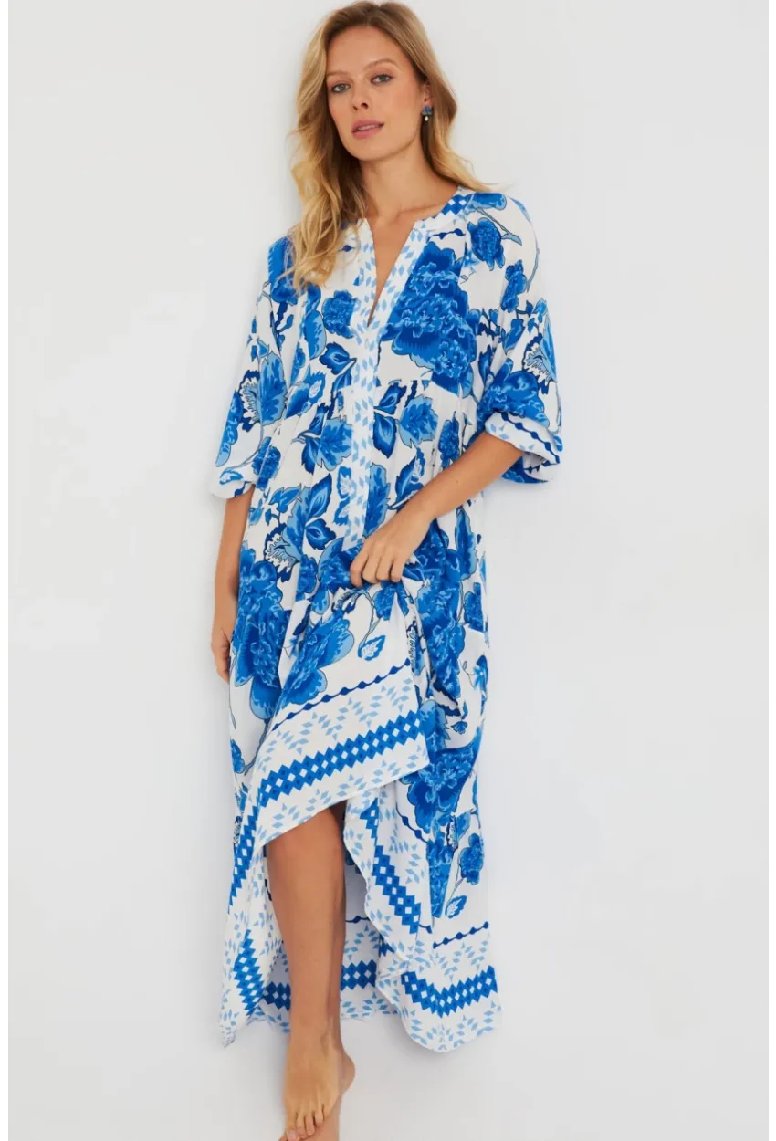 Kadın Desenli Salaş Maxi Elbise Mavi Q981