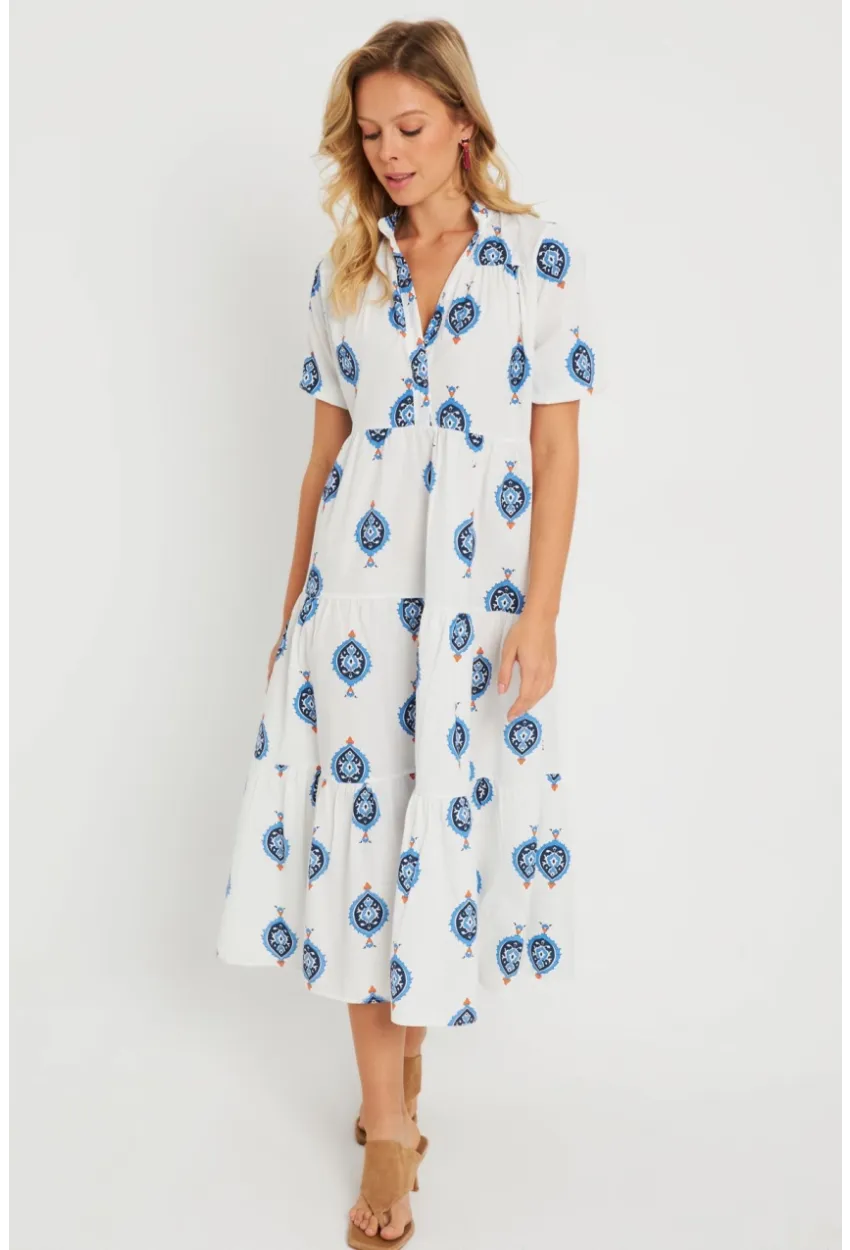 Kadın Desenli Salaş Mini Elbise Beyaz ASH23046