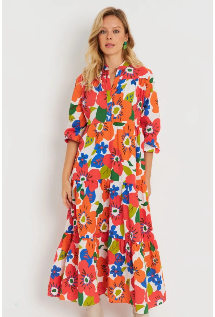 Kadın Desenli Salaş Mini Elbise Turuncu ASH23046