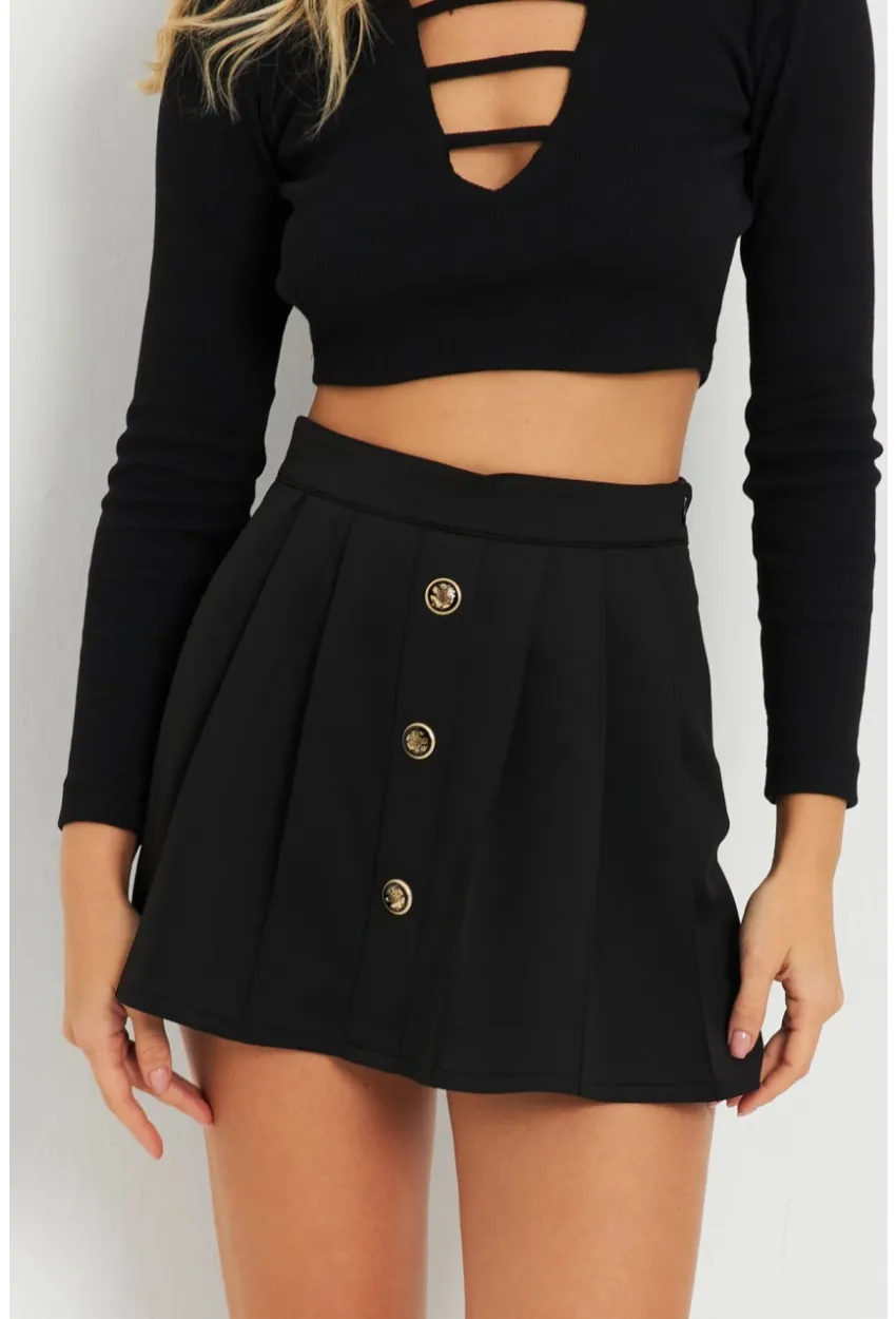 Kadın Düğme Detaylı Şort Etek Siyah KED0051