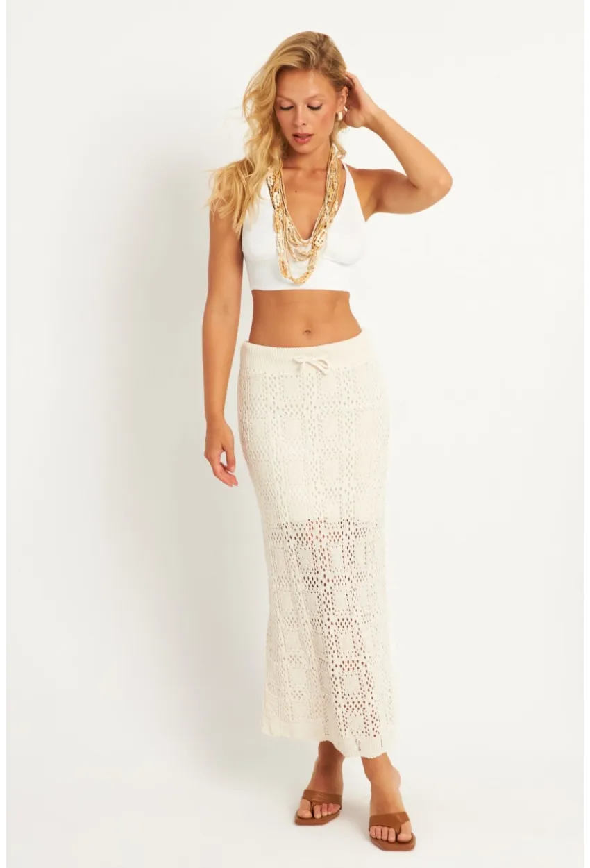Kadın Ekru Ajurlu Astarlı Triko Maxi Etek TOP05
