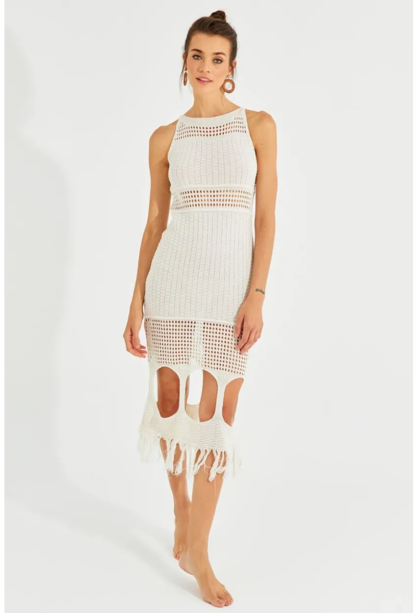 Kadın Ekru Ajurlu Maxi Plaj Elbisesi KZ521