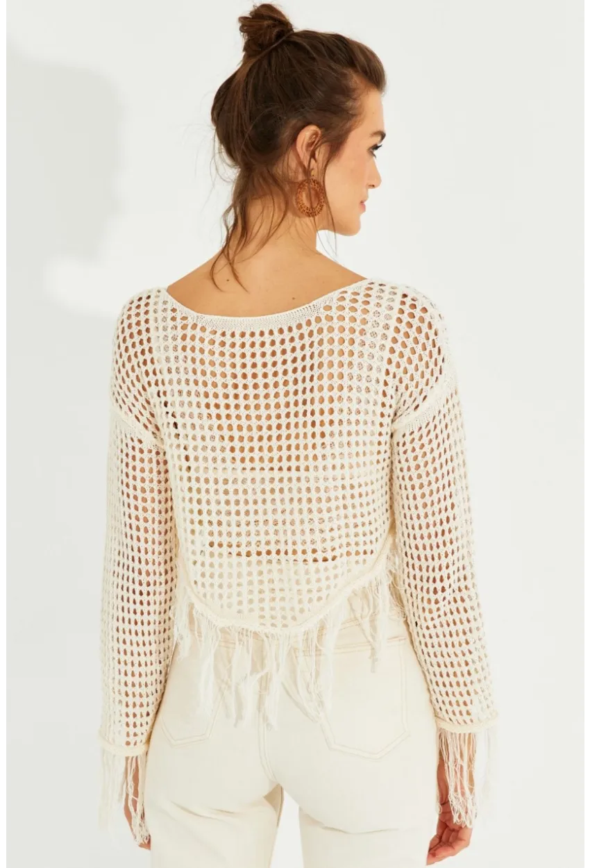 Kadın Ekru Ajurlu Püsküllü Triko Bluz KZ2462
