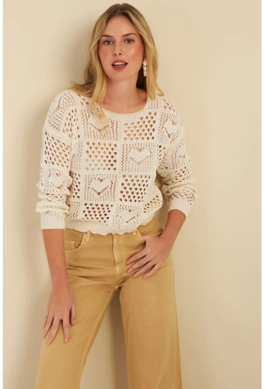 Kadın Ekru Ajurlu Triko Bluz  MZU601