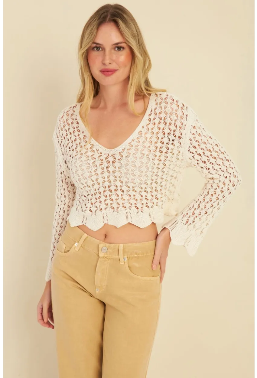 Kadın Ekru Ajurlu Triko Bluz MZU603