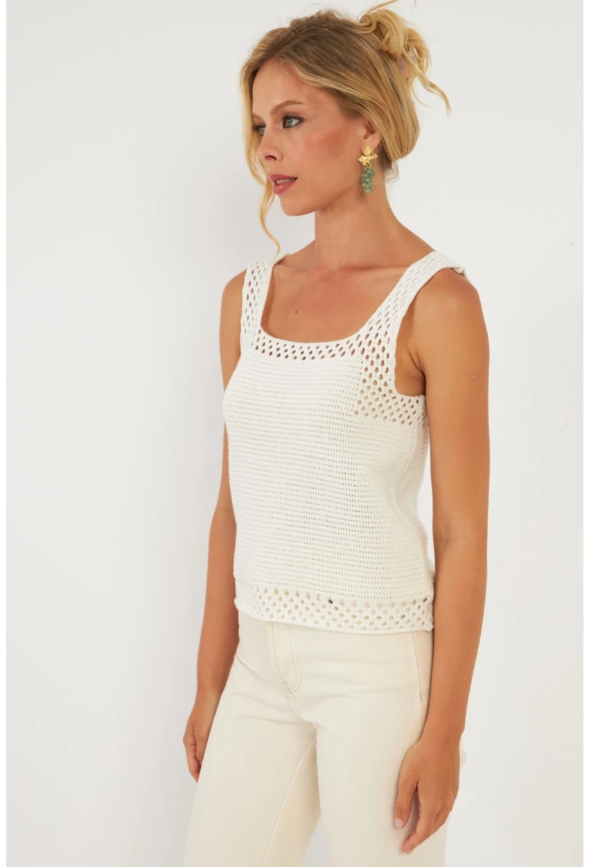 Kadın Ekru Ajurlu Triko Bluz YV258