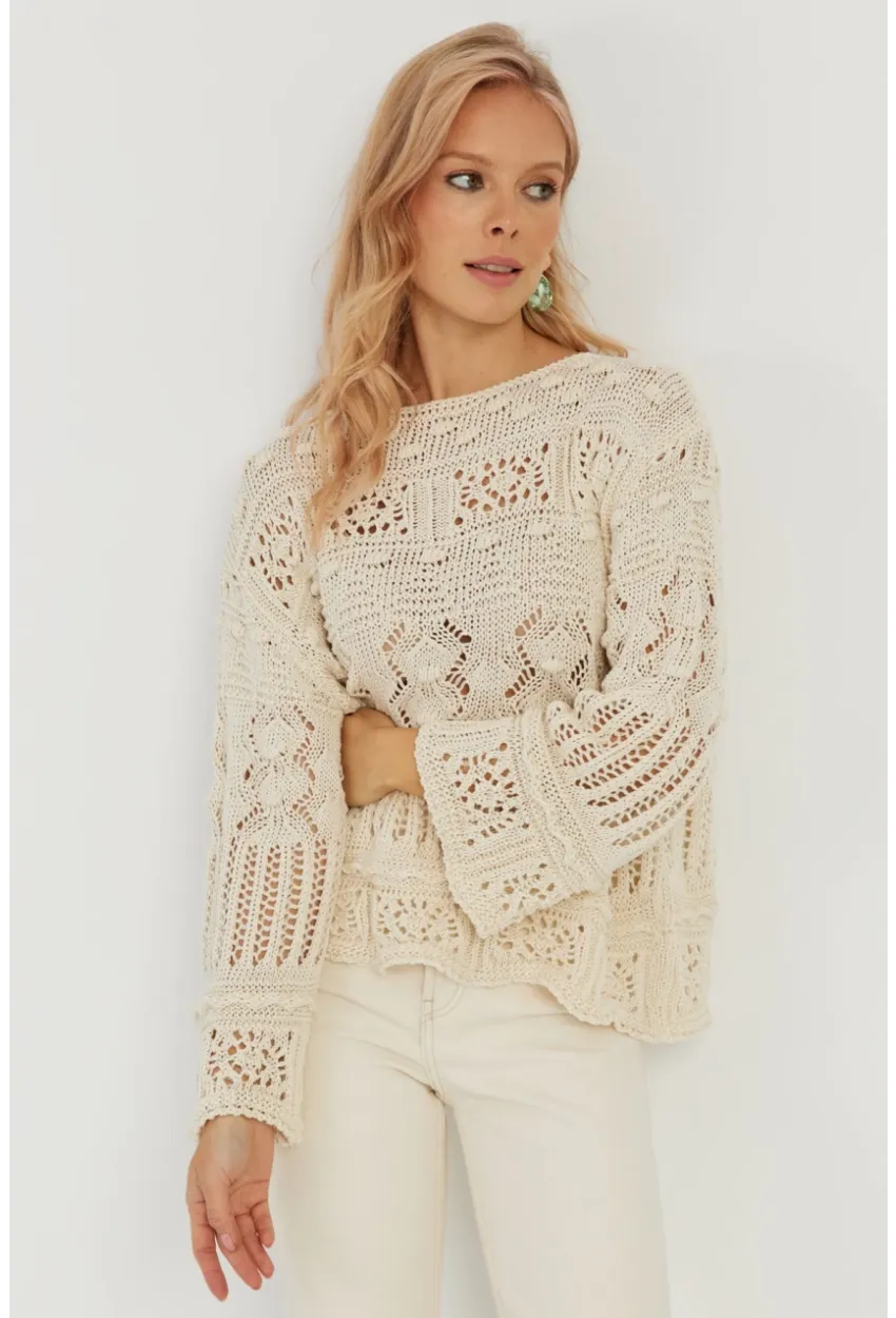 Kadın Ekru Ajurlu Triko Bluz YZ620