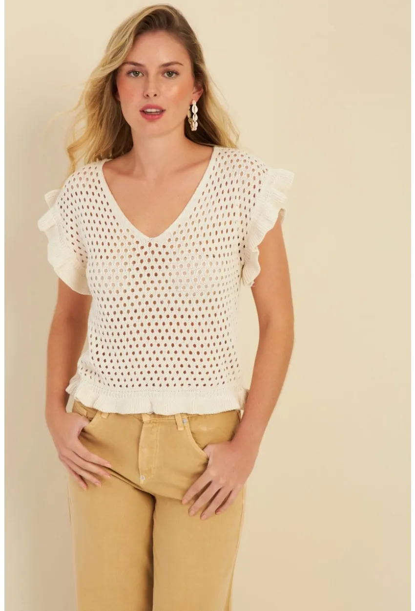 Kadın Ekru Ajurlu Triko Bluz ZU607