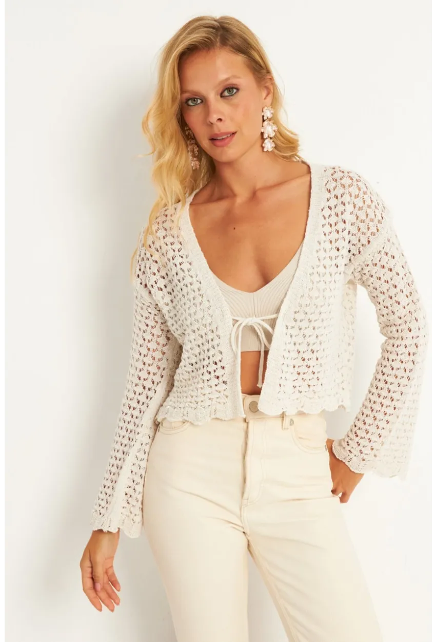 Kadın Ekru Ajurlu Triko Hırka YV248