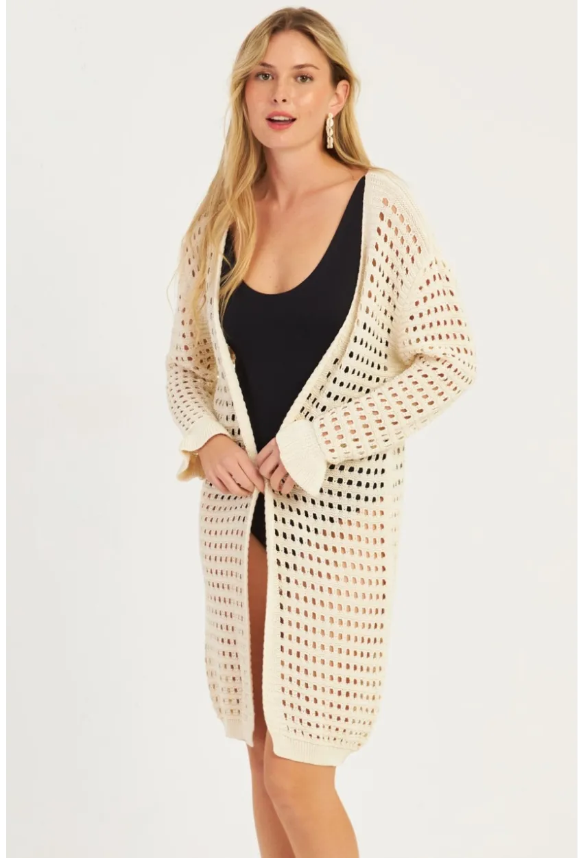 Kadın Ekru Ajurlu Triko Hırka ZU608