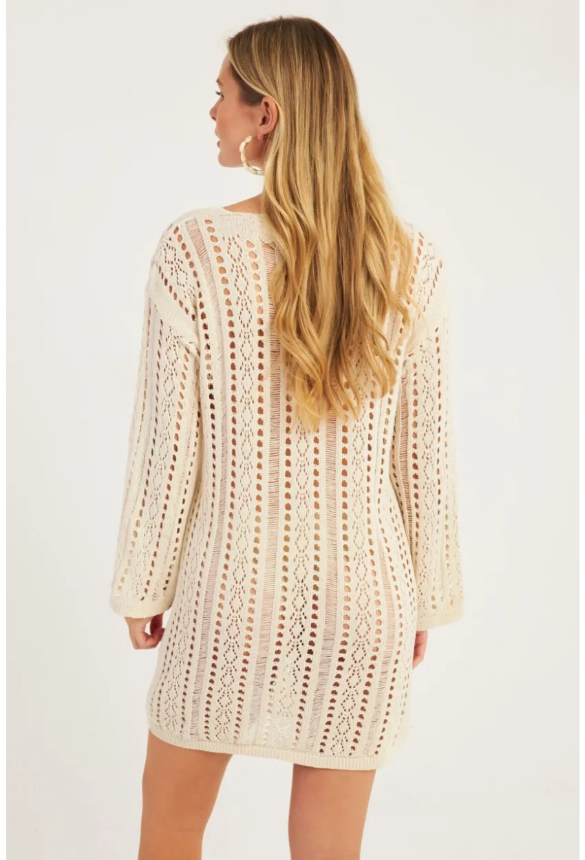 Kadın Ekru Ajurlu Triko Mini Elbise MZU605