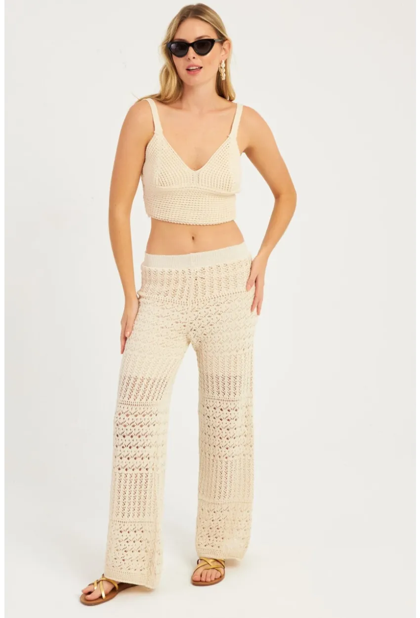 Kadın Ekru Ajurlu Triko Pantolon YZ3062