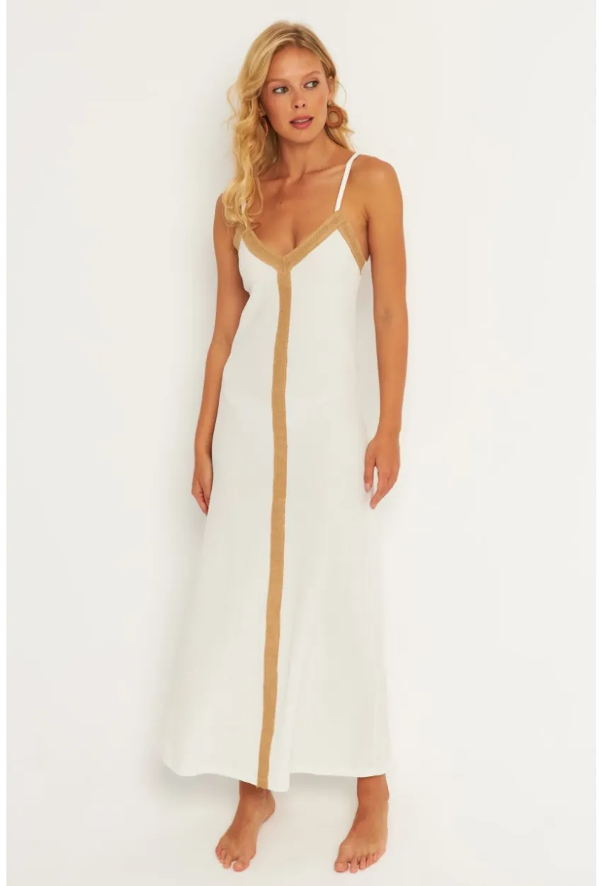 Kadın Ekru Aksesuarlı Bürümcük Midi Plaj Elbise EY2839
