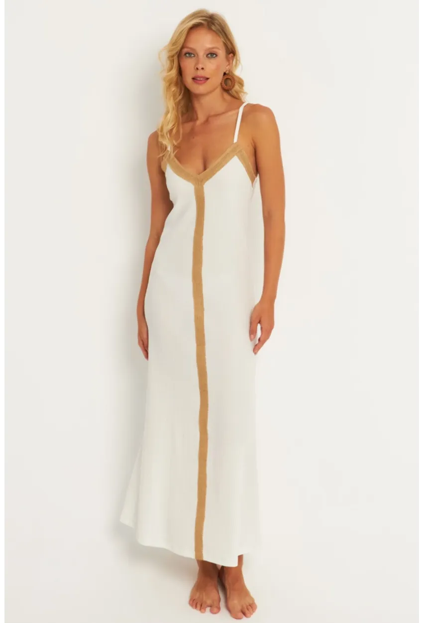 Kadın Ekru Aksesuarlı Bürümcük Midi Plaj Elbise EY2839