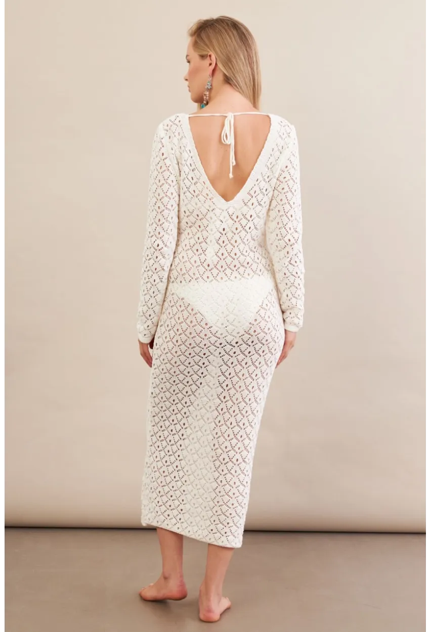 Kadın Ekru Aksesuarlı Triko Plaj Elbisesi KZ3237-90