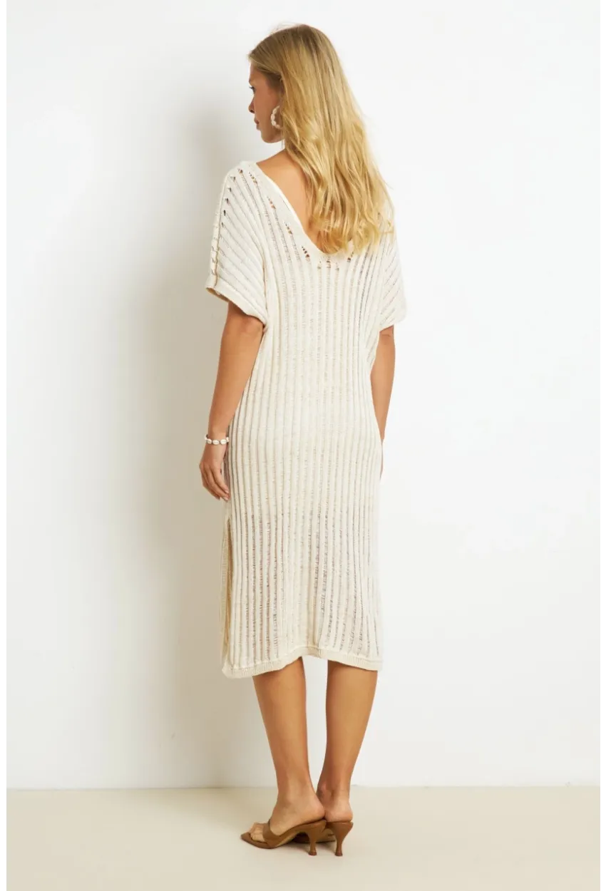 Kadın Ekru Astarlı Simli Triko Midi Elbise ET04