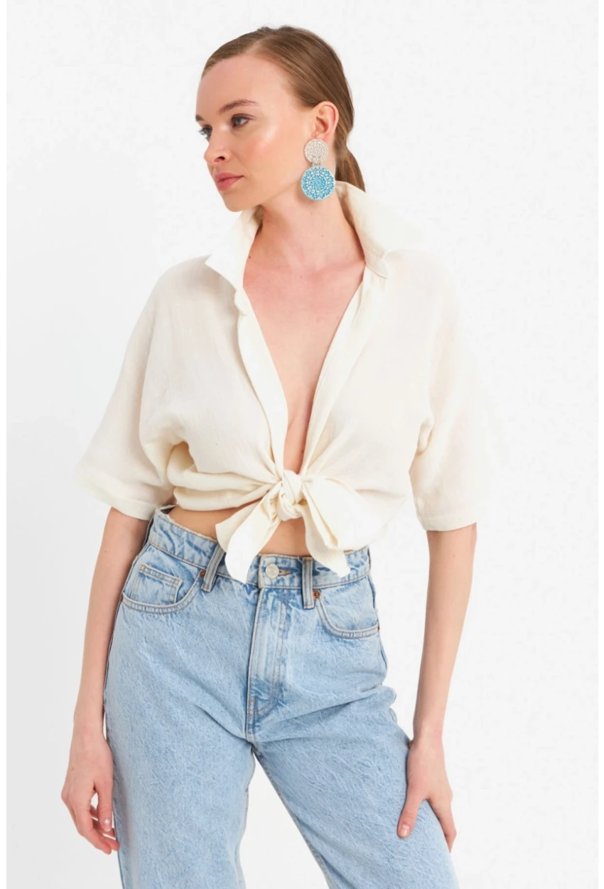 Kadın Ekru Bağlamalı Keten Bluz BTH16