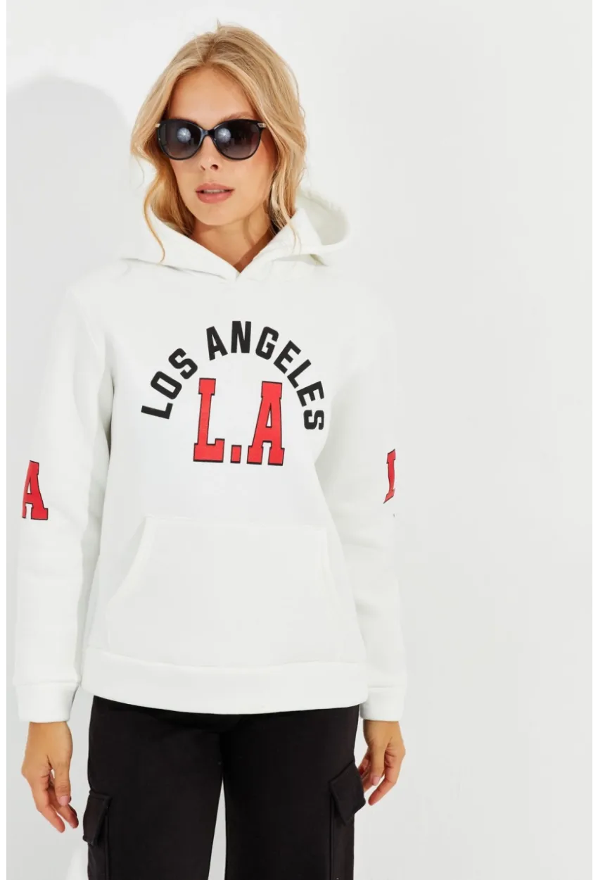 Kadın Ekru Baskılı Kapüşonlu Sweatshirt DA146