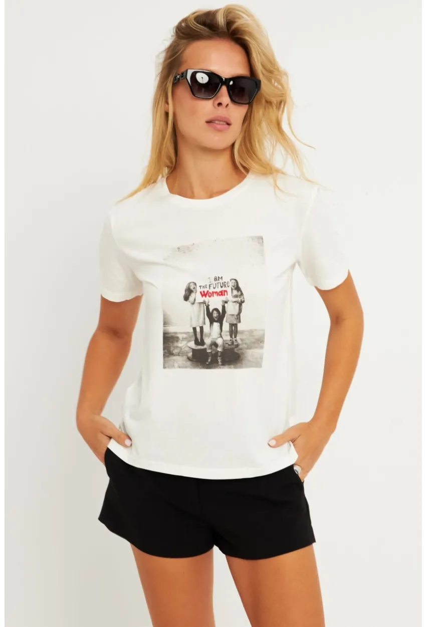 Kadın Ekru Baskılı T-Shirt AYD322