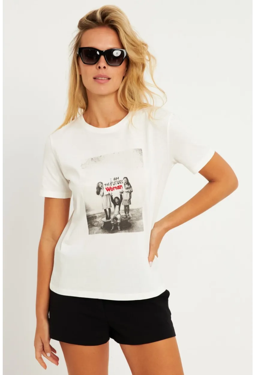 Kadın Ekru Baskılı T-Shirt AYD322
