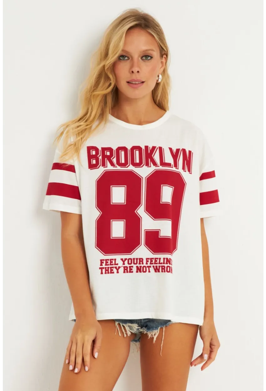 Kadın Ekru Baskılı T-Shirt AYD323