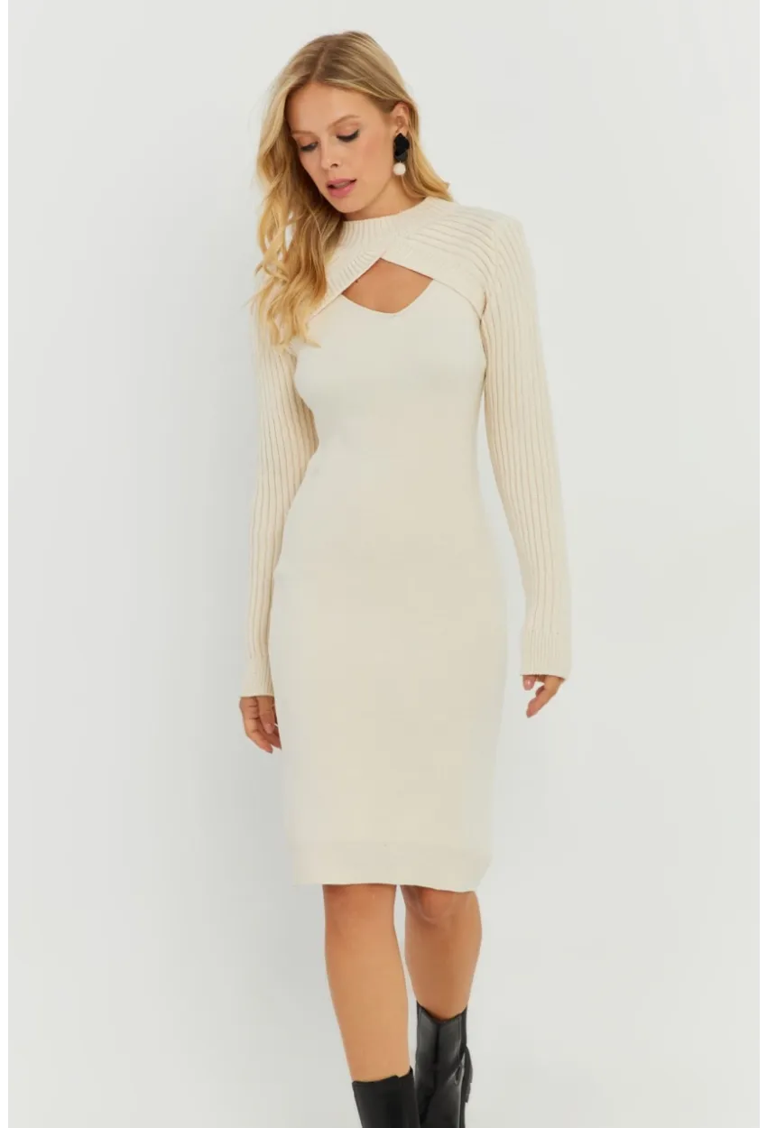 Kadın Ekru Bolerolu Triko Maxi Elbise YZ558