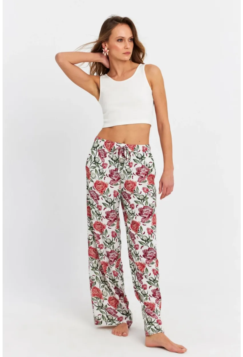 Kadın Ekru-Bordo Çiçek Desenli Pantolon FLS03
