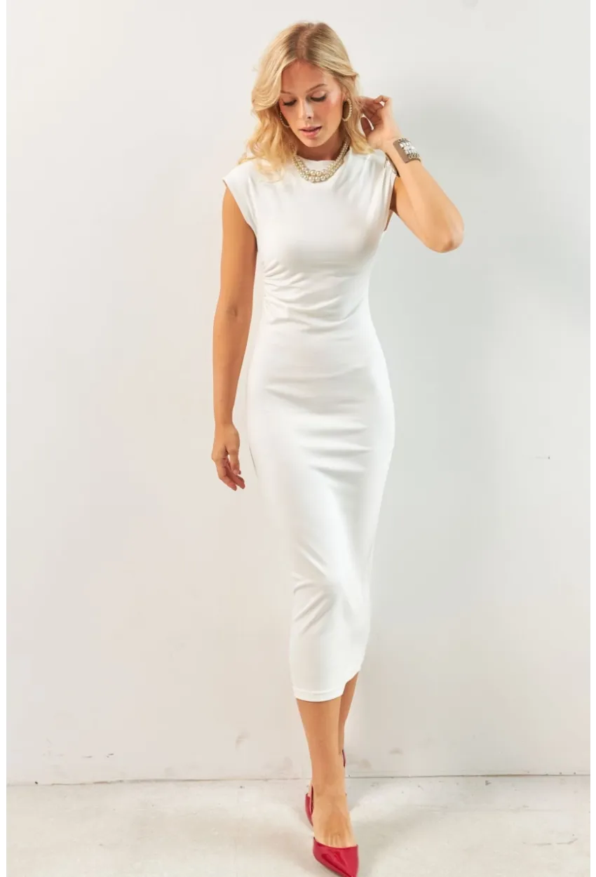 Kadın Ekru Boyun Bağlamalı Büzgülü Midi Elbise KED4281