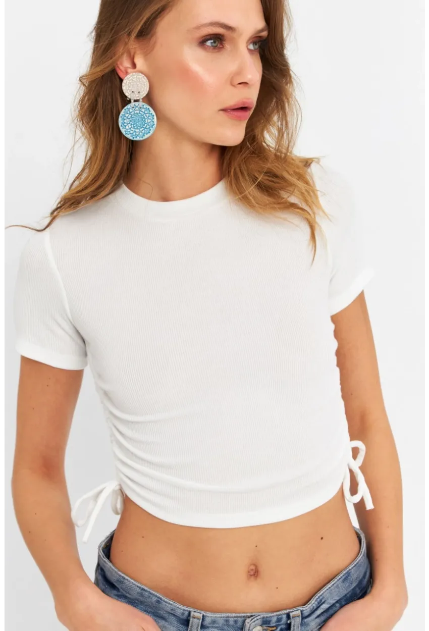 Kadın Ekru Büzgülü Crop Bluz ANT103