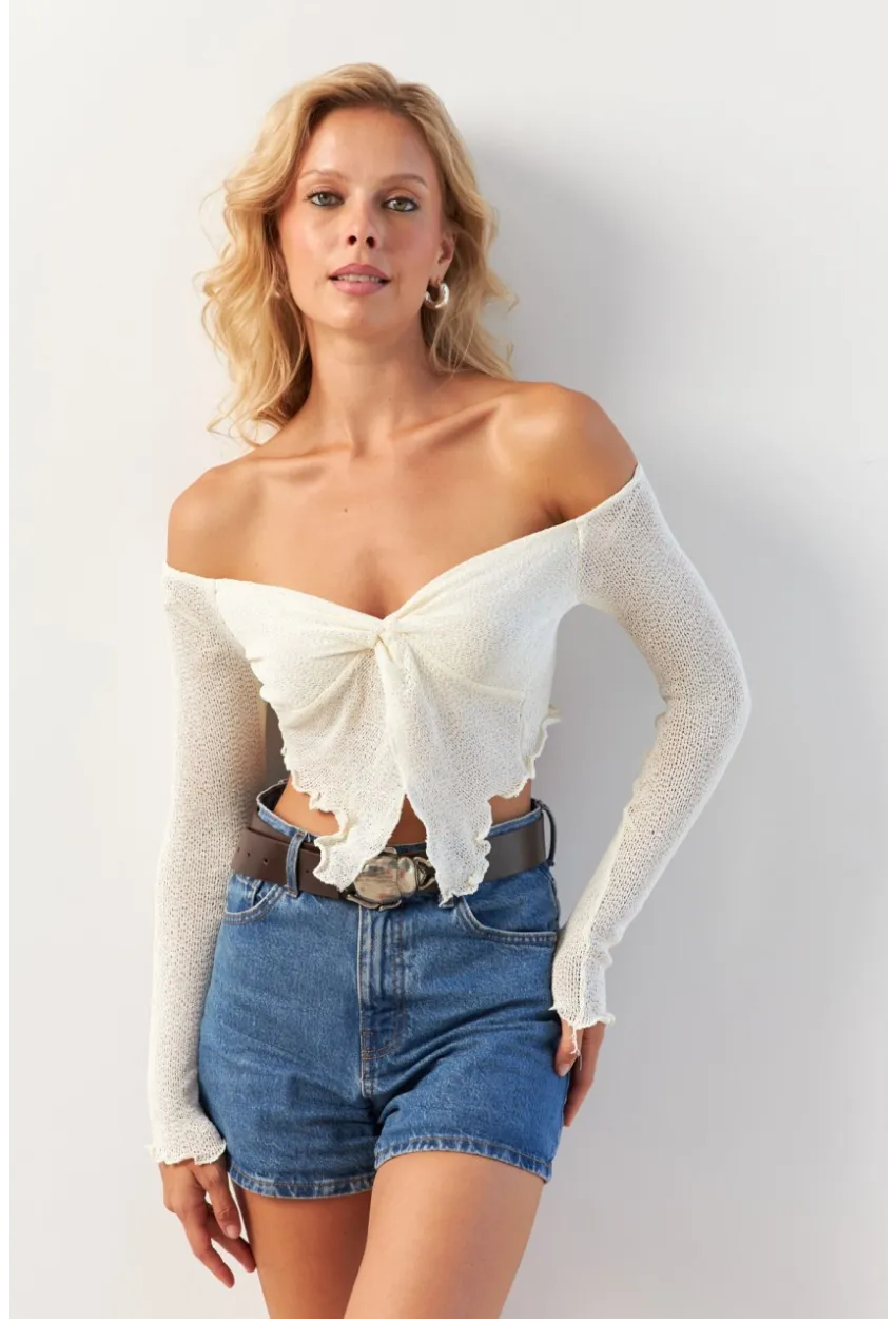 Kadın Ekru Büzgülü File Bluz OW146