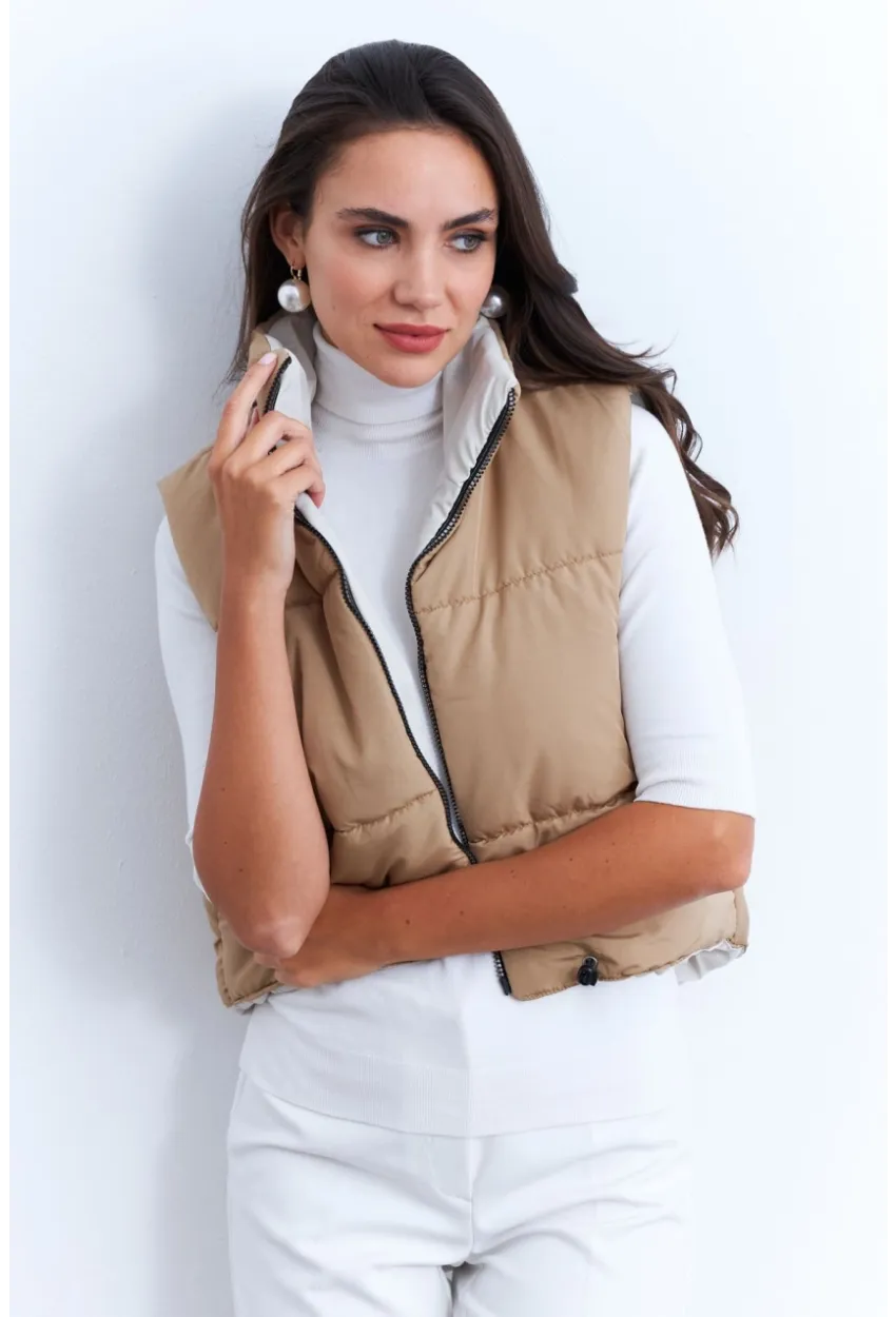 Kadın Ekru-Camel Çift Taraflı Şişme Kısa Yelek MX12