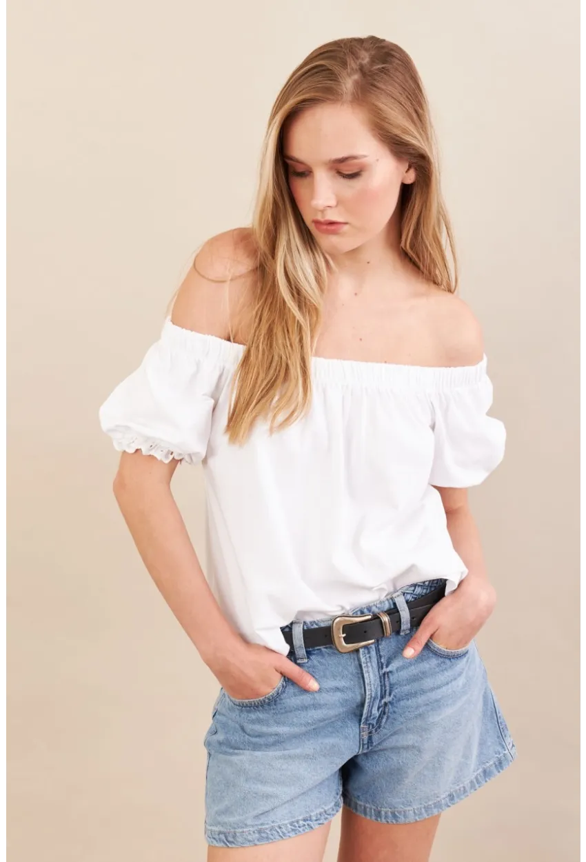 Kadın Ekru Carmen Yaka Balon Kol Bluz SAN106