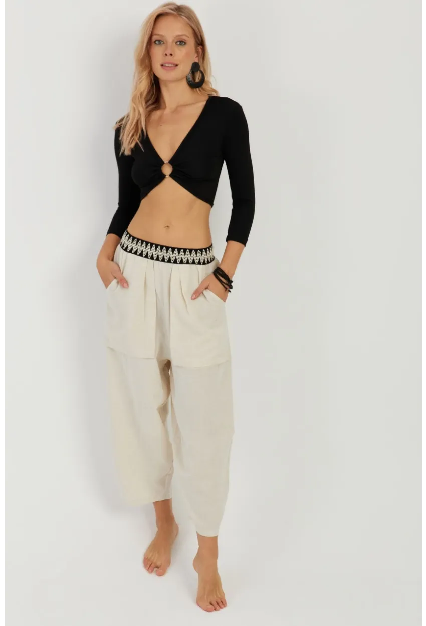 Kadın Ekru Cepli Şalvar Pantolon ÖM1203