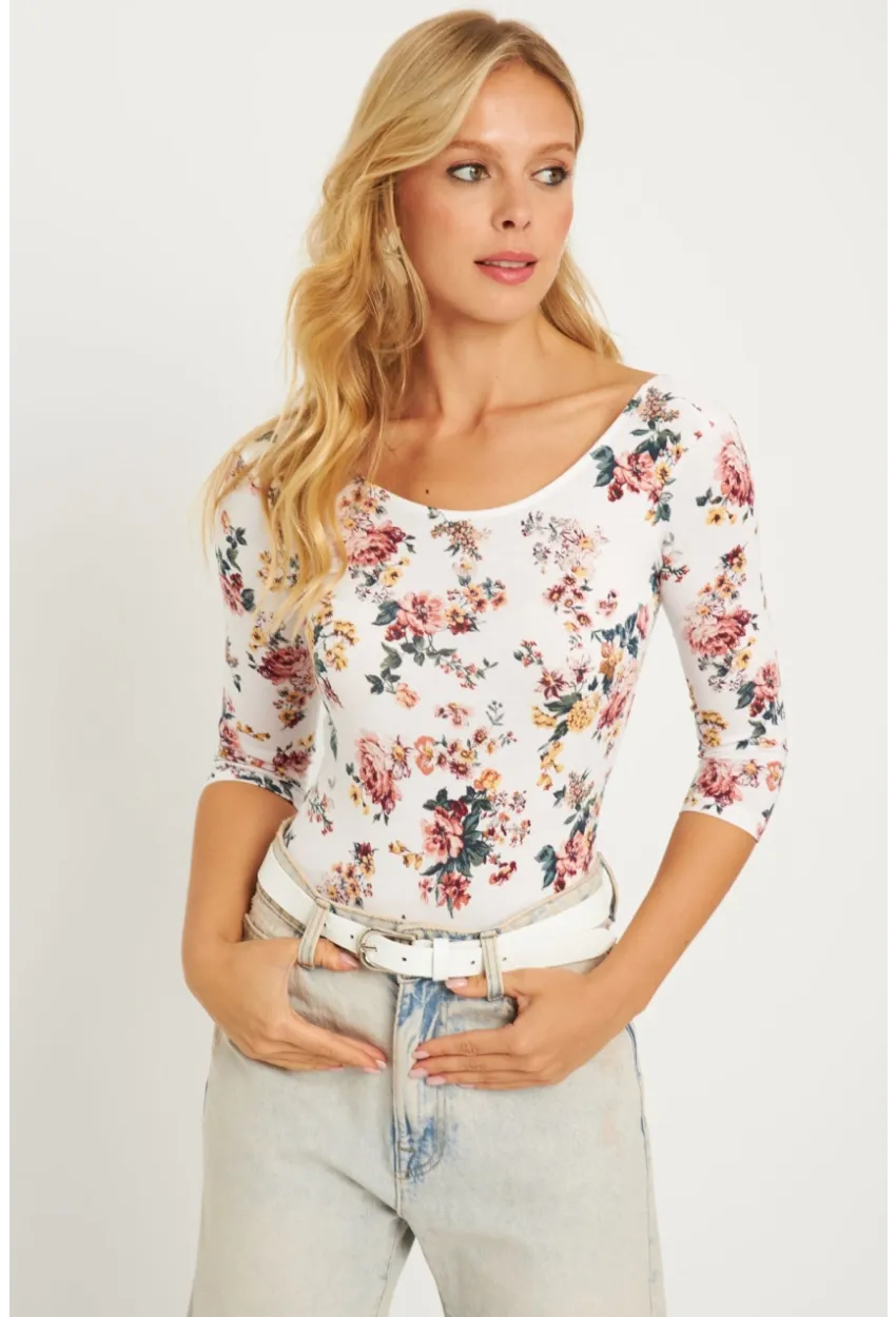 Kadın Ekru Çiçek Desenli Çıtçıtlı Body RK40