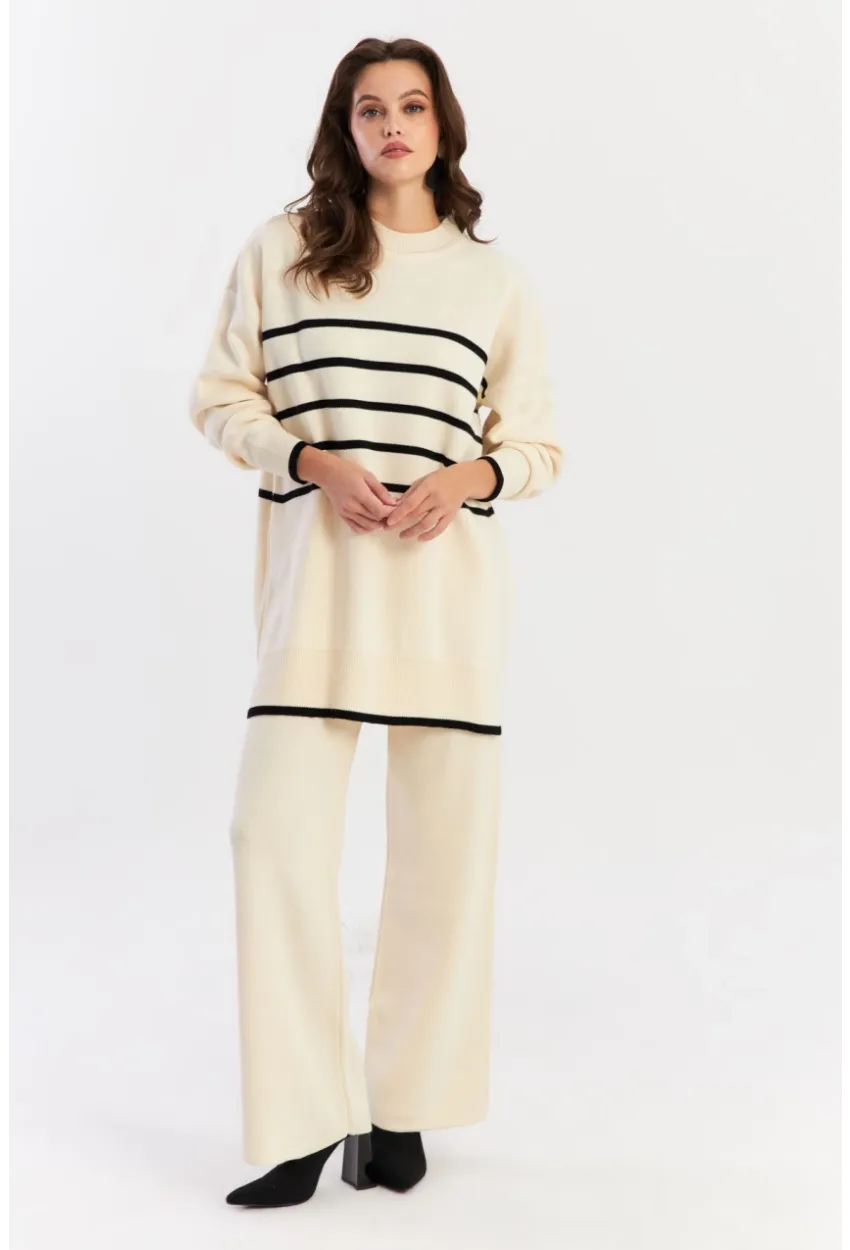 Kadın Ekru Çizgili Alt Üst Triko Takım NUV1069