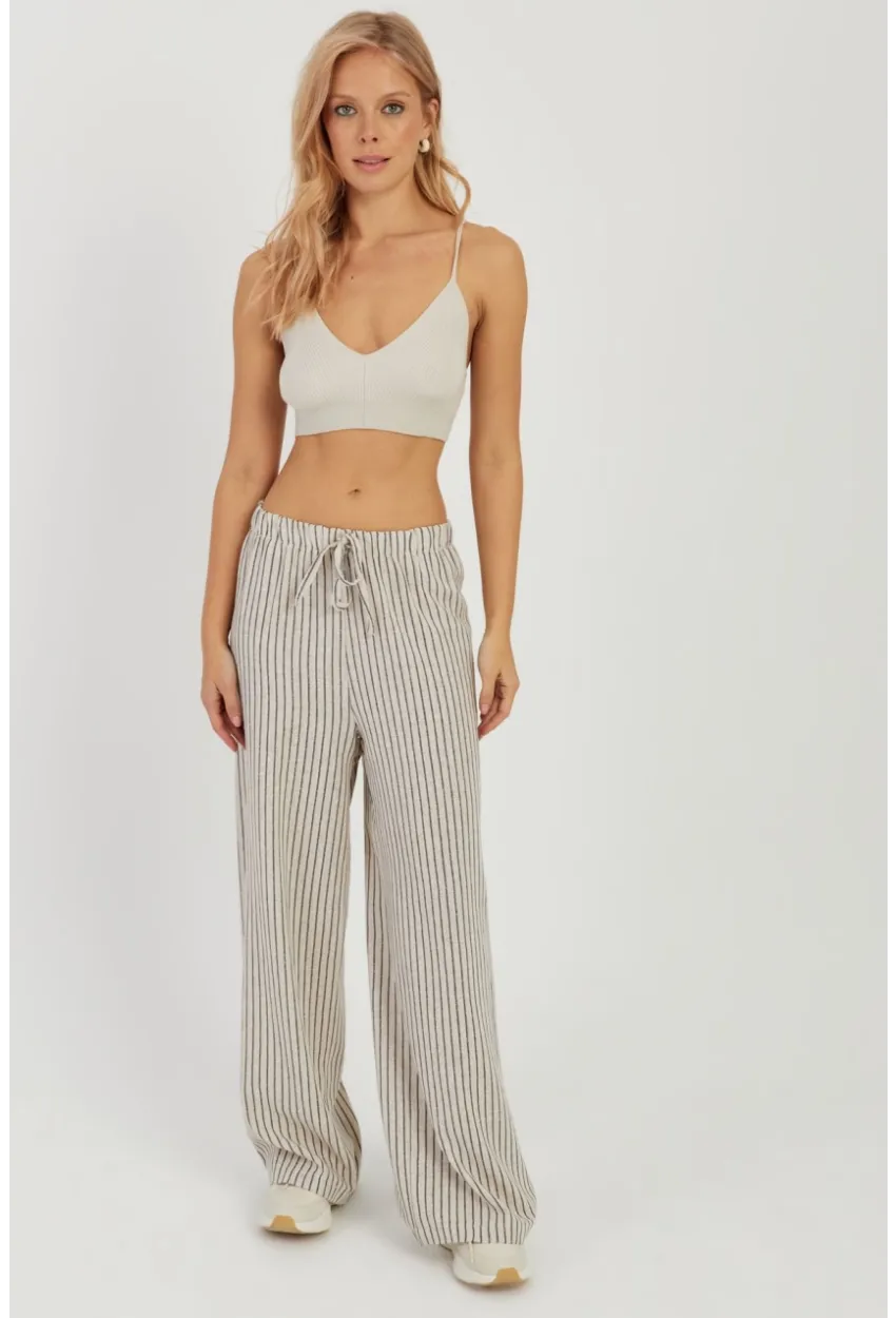 Kadın Ekru Çizgili Keten Pantolon Q986