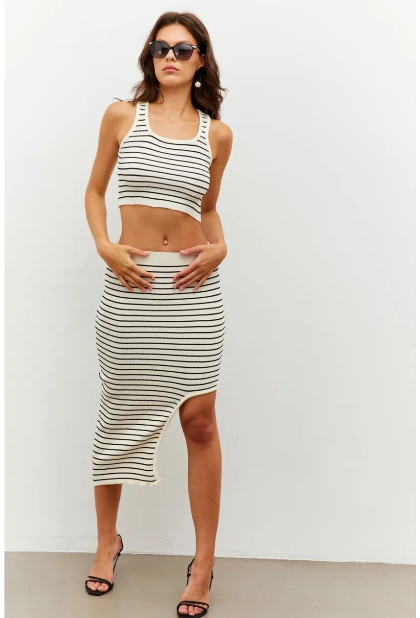 Kadın Ekru Çizgili Yırtmaçlı Alt Üst Takım KZ2468