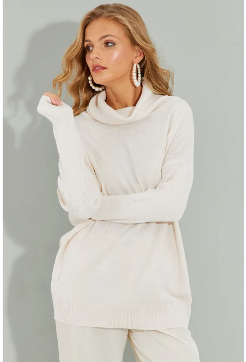 Kadın Ekru Degaje Yaka Cepli Triko Kazak YZ519