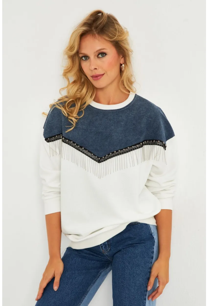 Kadın Ekru Denim Bloklu Sweatshirt PKA808