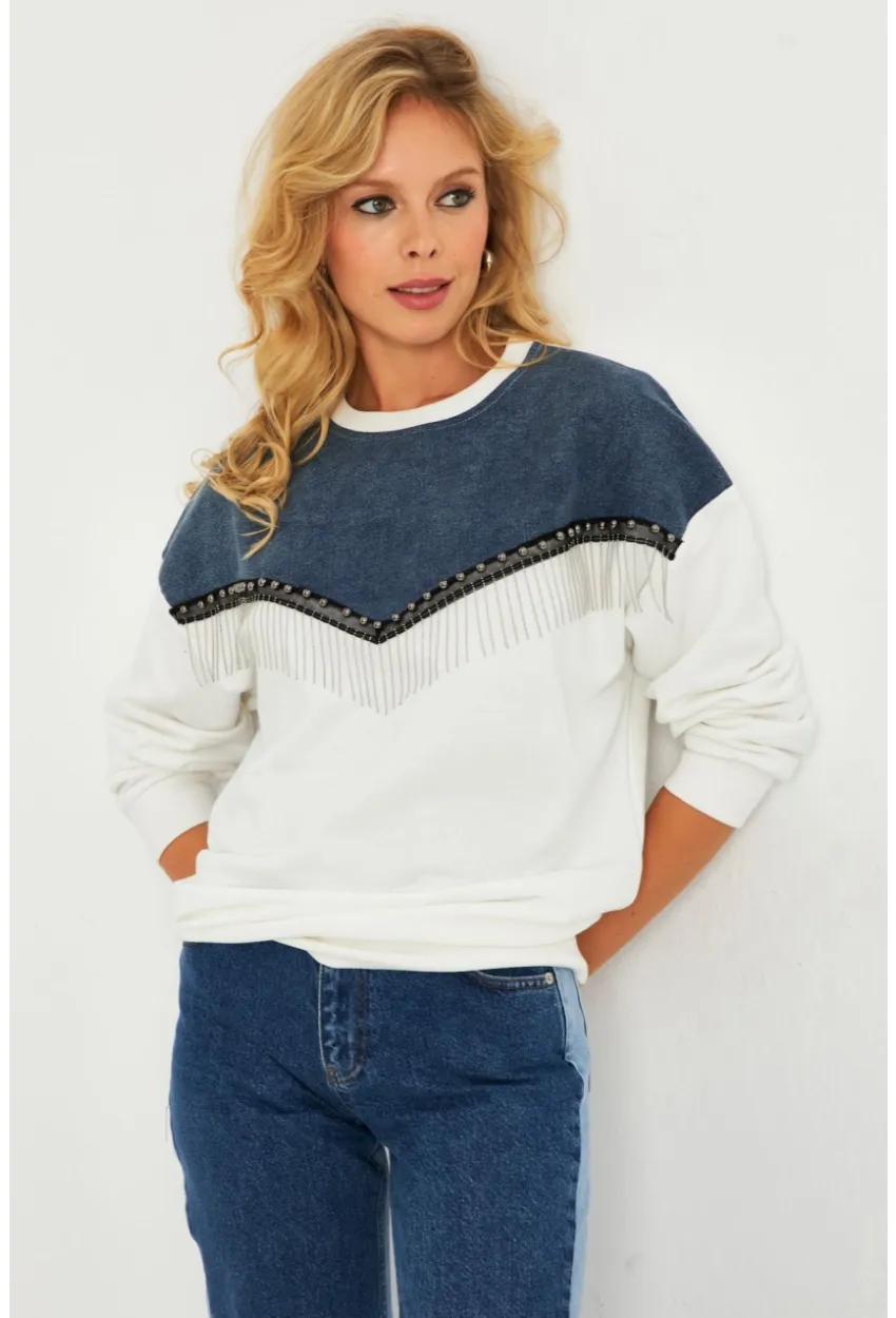 Kadın Ekru Denim Bloklu Sweatshirt PKA808