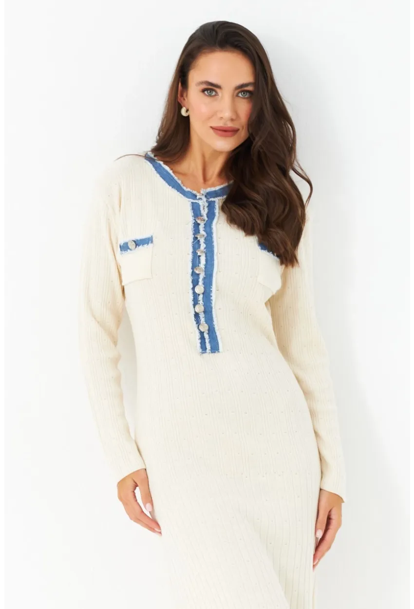 Kadın Ekru Denim Detaylı Maxi Elbise MQAS200