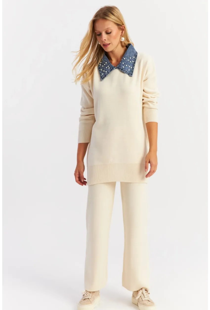 Kadın Ekru Denim Yakalı İncili Alt Üst Triko Takım NUV22