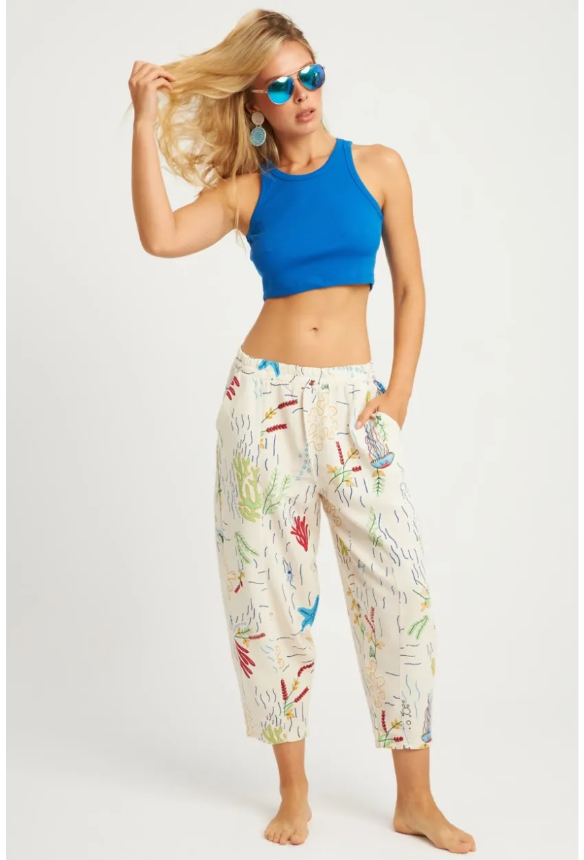 Kadın Ekru Desenli Keten Şalvar Pantolon K1253