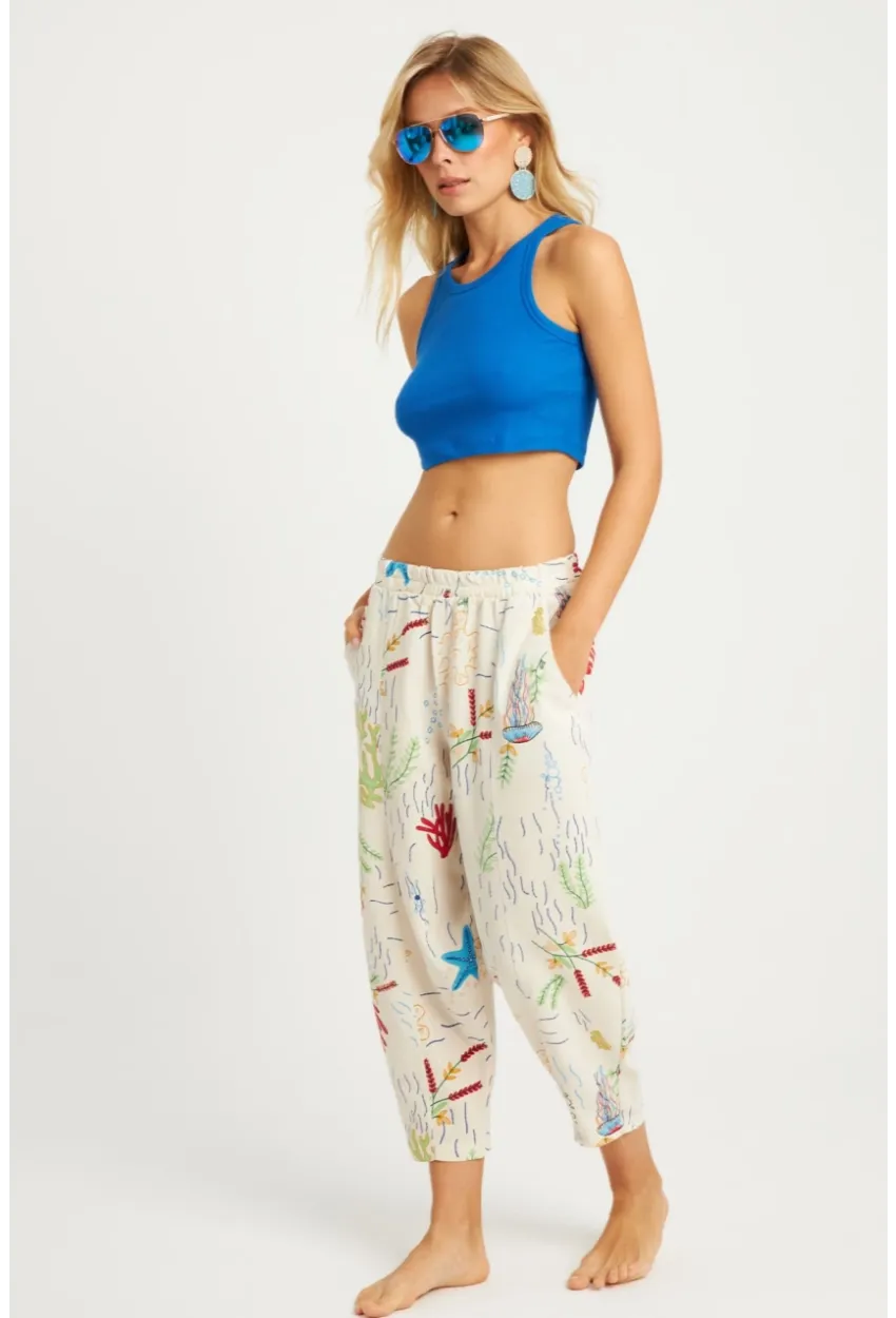 Kadın Ekru Desenli Keten Şalvar Pantolon K1253