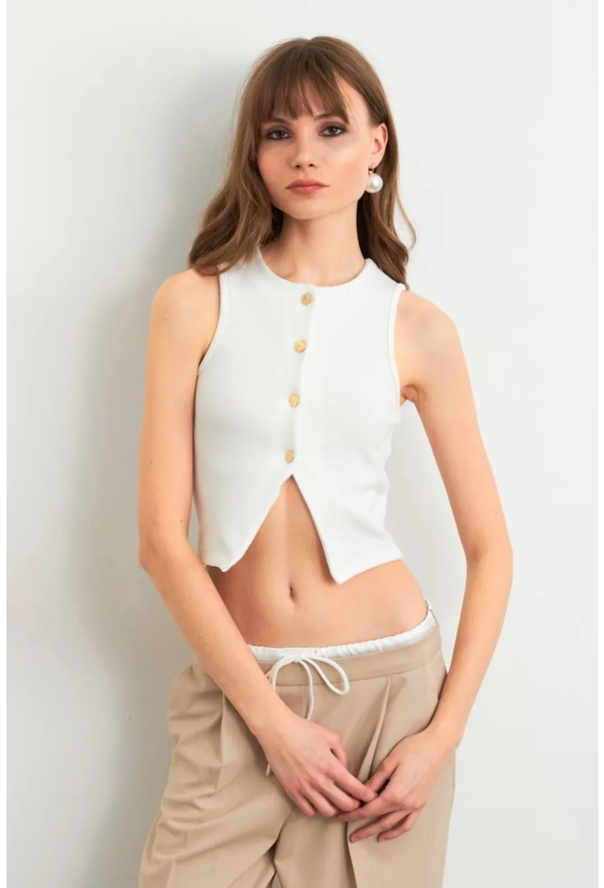 Kadın Ekru Düğme Detaylı Bluz CY354