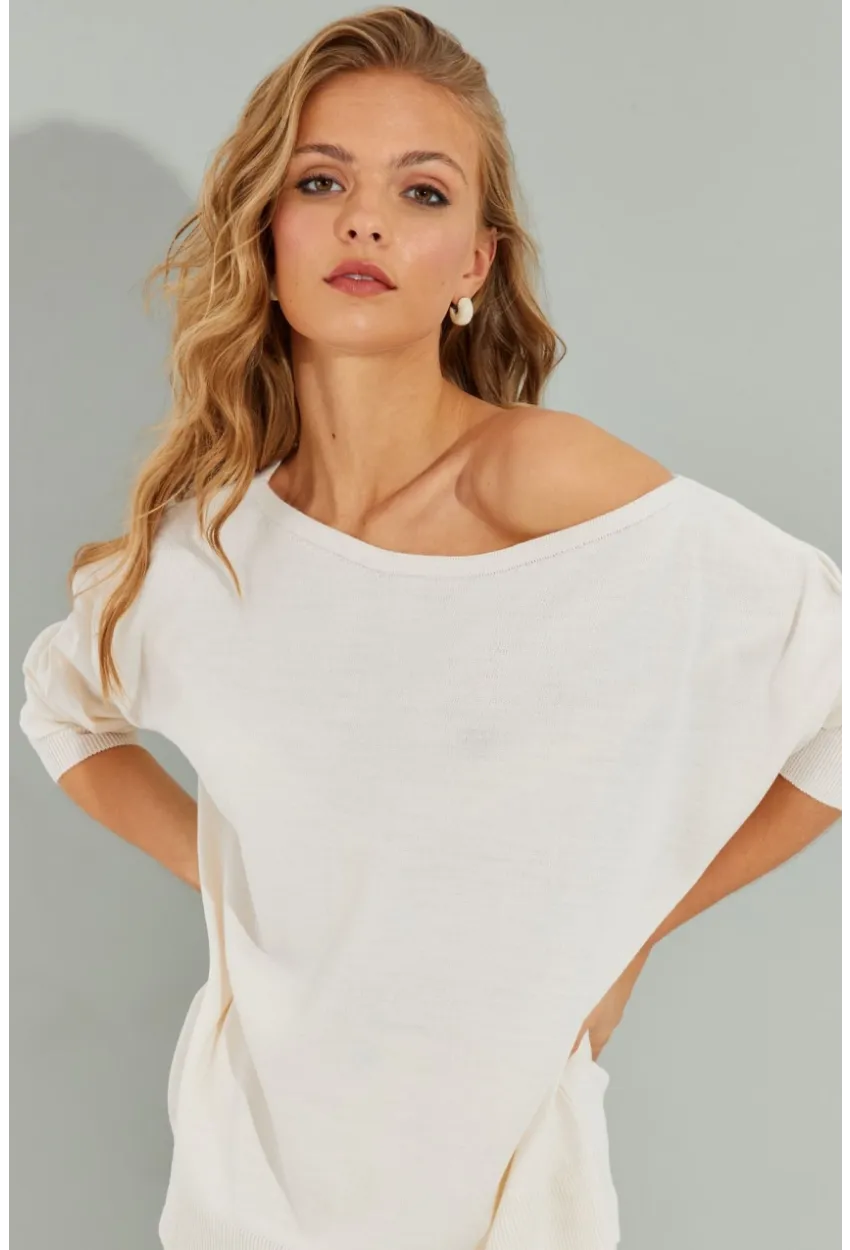 Kadın Ekru Düşük Omuz Triko Bluz YZ617