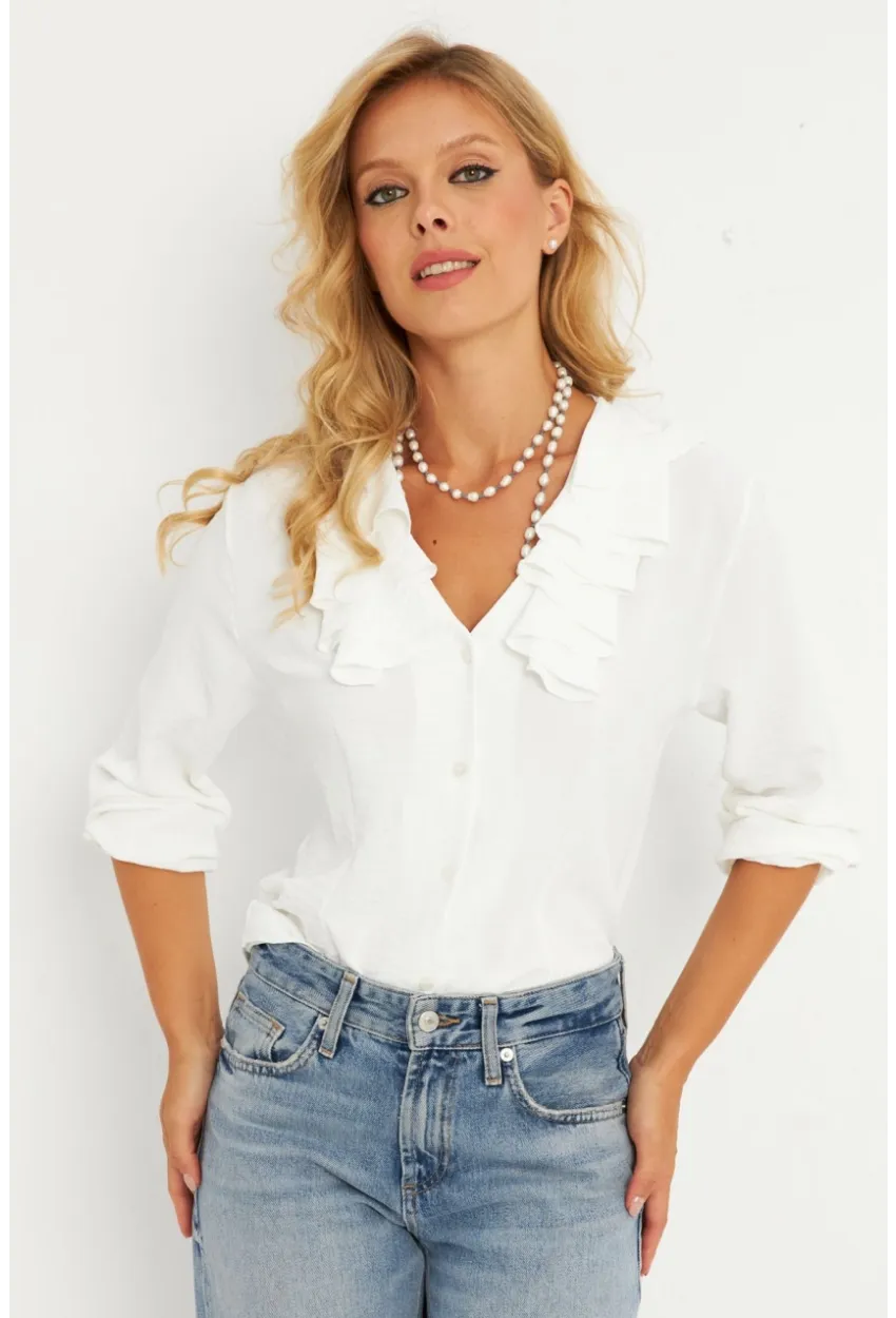 Kadın Ekru Fırfırlı Gömlek RLO19